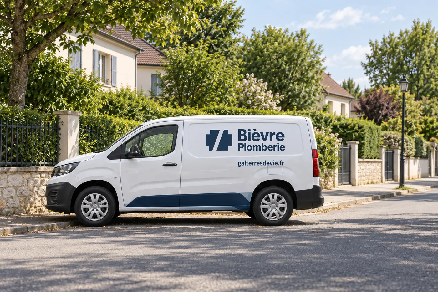 Camionnette blanche Bièvre Plomberie garée dans une rue résidentielle arborée
