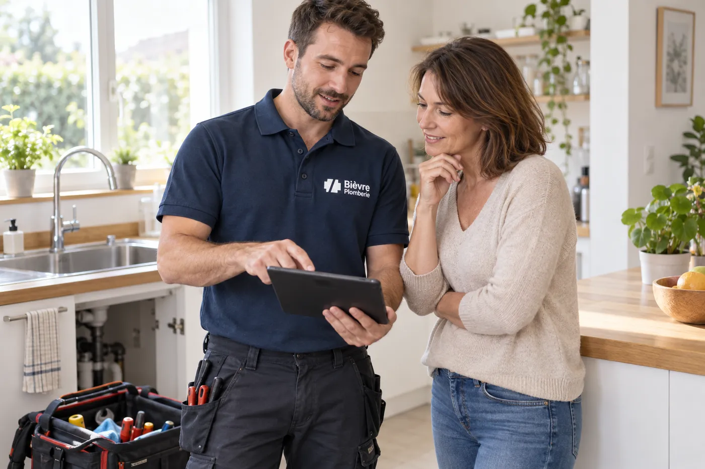 Plombier Bièvre Plomberie présentant un devis sur tablette à une cliente dans sa cuisine
