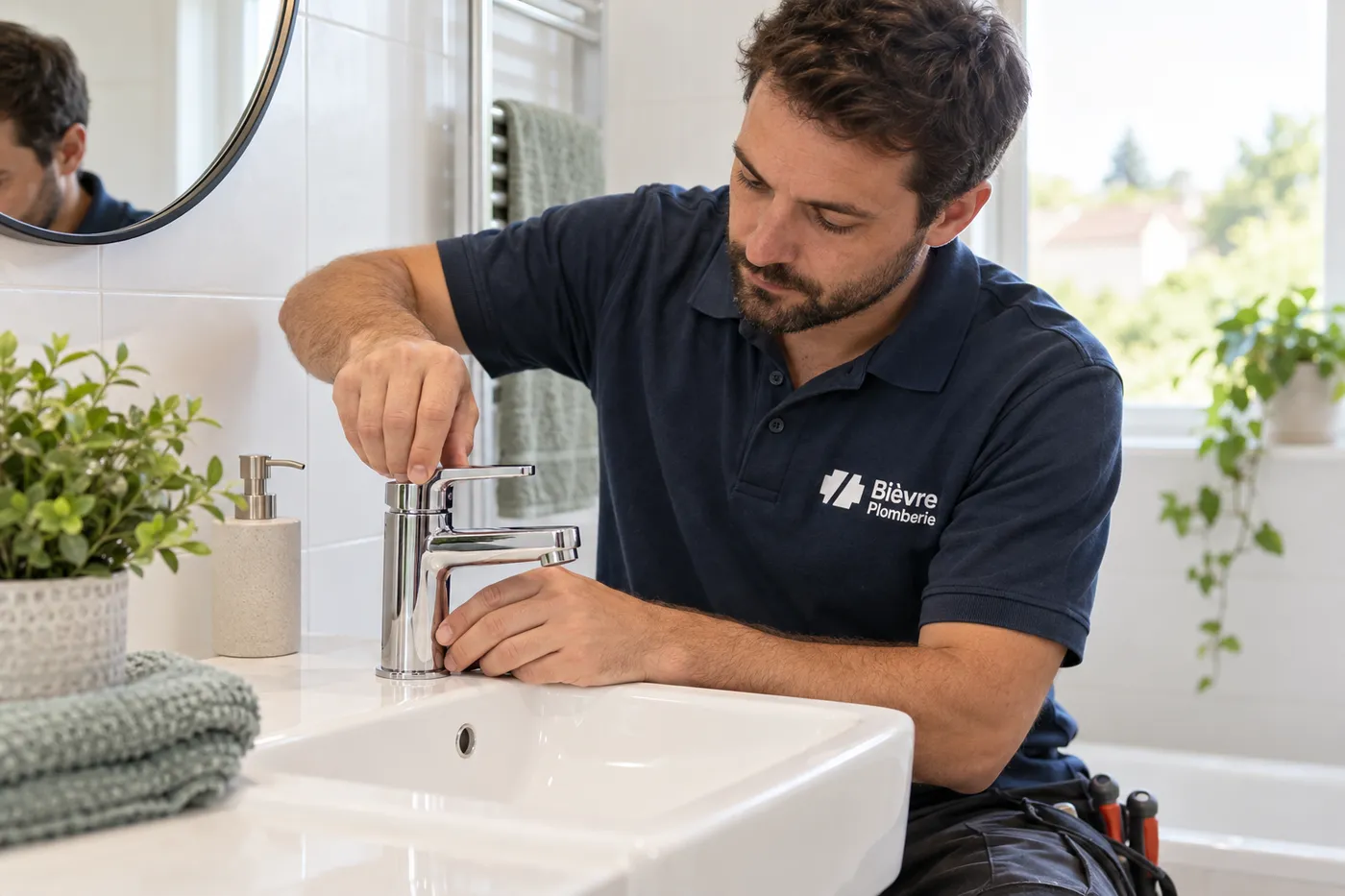 Plombier posant un mitigeur chromé sur un lavabo blanc