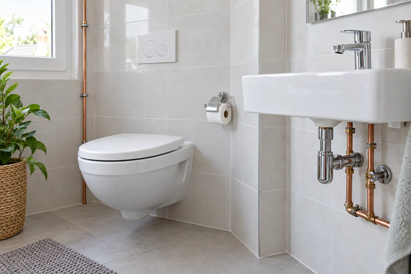 Salle de bains avec WC suspendu blanc, lavabo et raccords en cuivre apparents